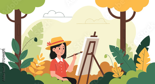 Creative Artist Painting Nature Scene Depicting Tranquility and Artistic Expression
