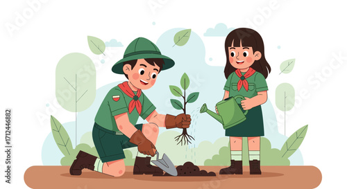 Children Planting A Tree, Illustrating Environmental Stewardship And Community Service