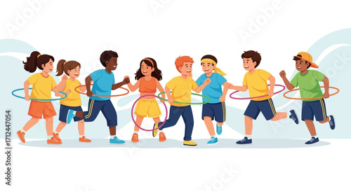Children Playing And Running Together, Joyfully Engaging In Playtime With Hoops In A Row
