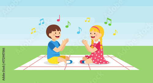 Children Playing And Singing Outdoors, Illustrated With Musical Notes, Joyful Moments