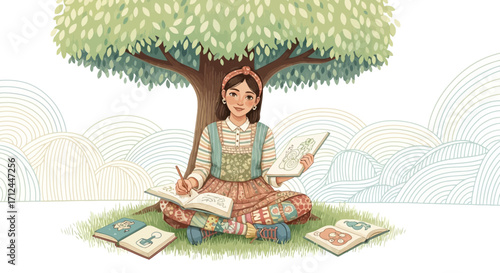 Creative Girl Underneath a Tree Sketching With a Notebook and Drawing, Illustration Style