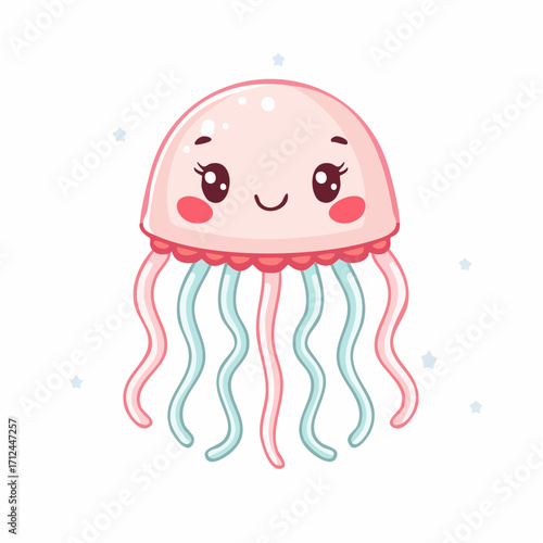 Adorable Pink Jellyfish Character with Smiling Face and Tentacles for Kids' Designs