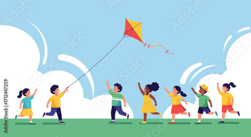 Children Playing Outdoors with Kite, Bright Sunny Day, Joyful Activity Illustration