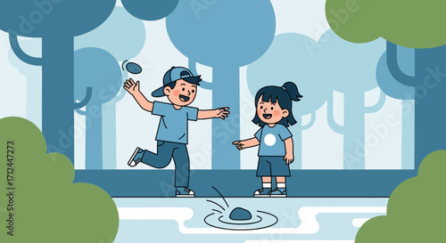 Children Playing Stone Skipping At Lakeside, Joyful Moments, Outdoor Park Fun