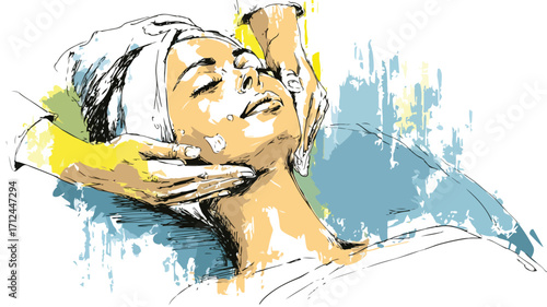 Watercolor Illustration of Woman on Spa Table Receiving Treatment