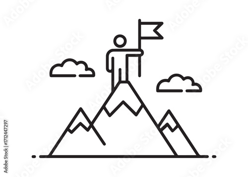 Man on top of mountain with flag thin line art Vector