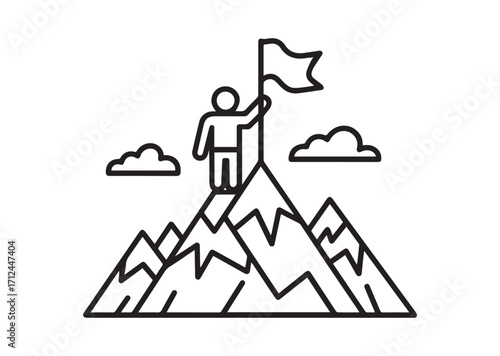 Man on top of mountain with flag thin line art Vector