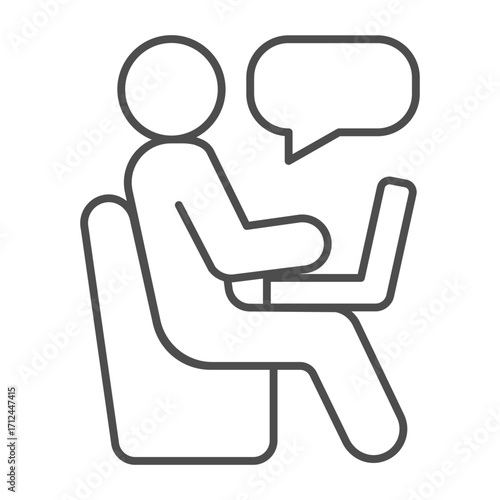 Person with laptop thin line icon, work from home concept, worker in chair, speech bubble vector sign on white background, outline style icon for mobile concept and web design. Vector graphics.