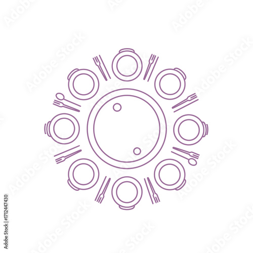 A clean line art illustration from above, depicting a meticulously set round dining table with multiple place settings, including plates, bowls, and silverware.