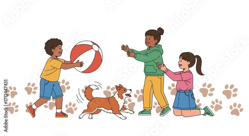 Children Playing With A Ball And A Dog, Enjoying Their Leisure Time Outdoors Together