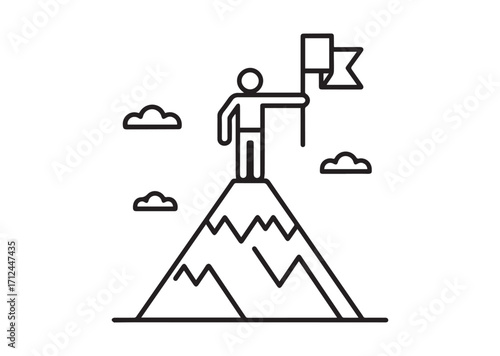 Man on top of mountain with flag thin line art Vector