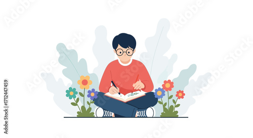 Creative Individual Immersed In Writing, Surrounded By Nature And Colorful Blossoms
