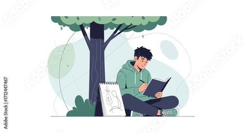 Creative Individual Sketching Nature, Under The Shade Of A Tree, Idealistic Moment Of Thought