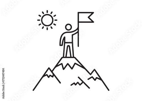 Man on top of mountain with flag thin line art Vector