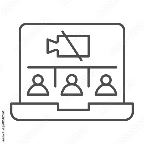 Online meeting on laptop without web camera thin line icon, videoconference issue concept, vector sign on white background, outline style icon for mobile concept and web design. Vector graphics.