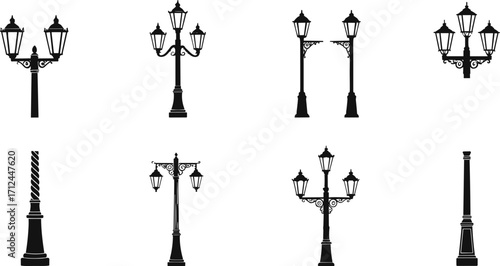 Vintage street lamp silhouettes, retro lantern pole collection, decorative urban lighting design, antique lamppost set, classic black lamp icons illustration