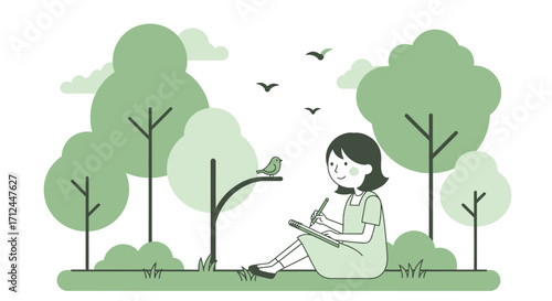 Creative Observer Captures Quiet Moments, Sketching Amidst Lush Parks and Soaring Creatures