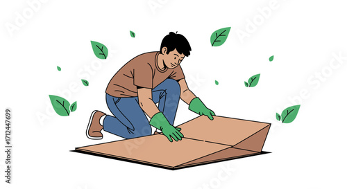 Creative Person Assembling Cardboard With Green Gloves, Surrounded By Leaves, Environmentally