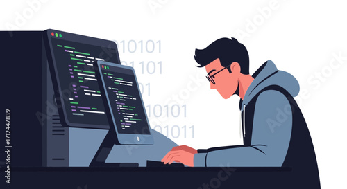 Creative Programmer Working On Coding With Binary Code And Computer Screen In Minimal style