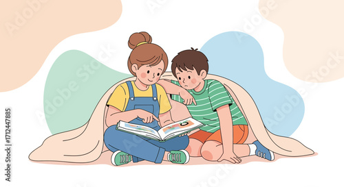 Children Sharing A Book Under Blanket, Enjoying The Reading Moments Together