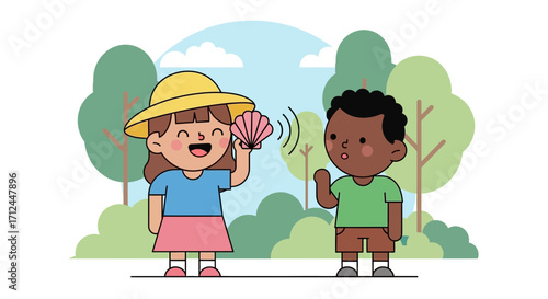 Children Share A Secret, Listening Together In A Beautiful Natural Setting.