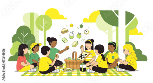Children Sharing Picnic Delights: A Vibrant Illustration of Friendship and Joyful Moments