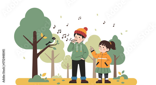 Children Singing And Listening To Bird Song In The Park, Joyful Outdoor Scene