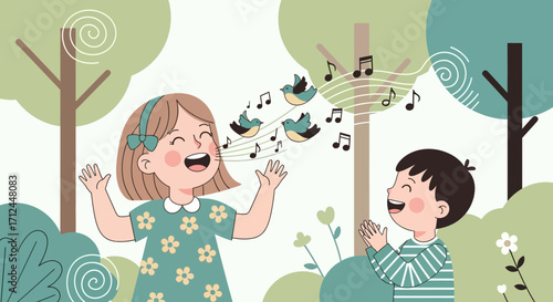 Children Singing And Making Music With Birds In A Peaceful Woodland Environment Illustration