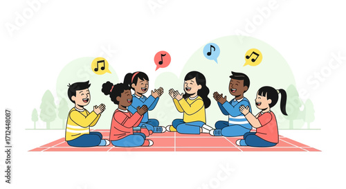 Children Singing And Playing Together Outside, Having A Beautiful And Joyful Time.