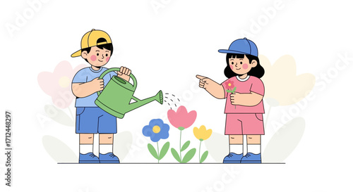 Children Watering Plants, Cute Little Boy And Girl Gardening, Illustration, Springtime