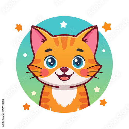 Adorable cartoon cat with bright orange fur and big blue eyes, smiling happily in a vibrant circular frame, perfect for children's designs and playful themes