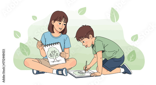 Creative Youngsters Engaged In Artistic Endeavors Focusing On Nature's Beauty, Learning Together