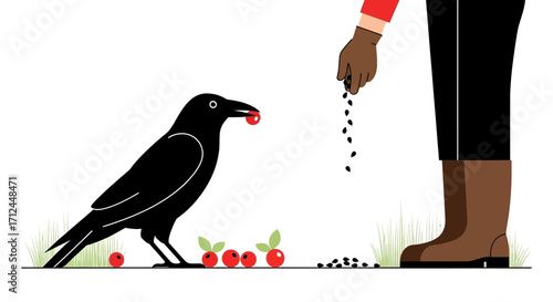 Crow Receives A Berry While Being Fed Seeds By A Person In Illustration