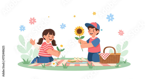 Children's Summer Picnic: Sharing Flowers, Joy, and Food on a Sunny Day