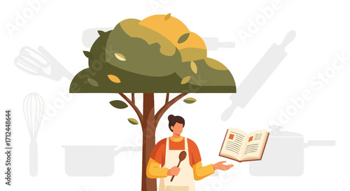 Culinary Dreamer Reading Recipe Under A Culinary Tree Silhouette, Fresh Concept
