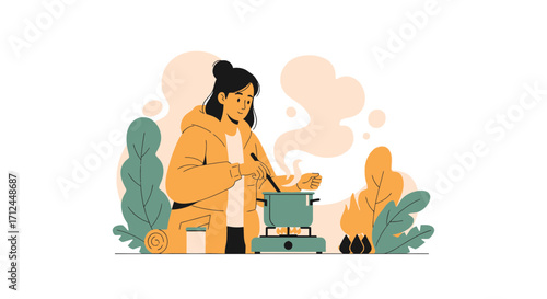 Culinary Preparation Illustration: Woman Cooking in Nature's Embrace and Preparing Fresh Food