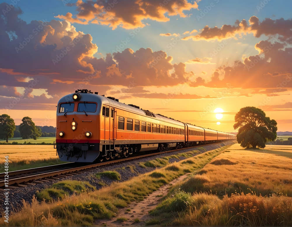 Fototapeta premium Train travels through a golden field at sunset with dramatic clouds