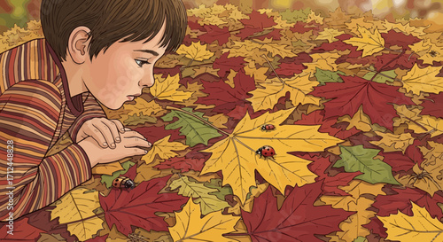 Child's Contemplation of Nature's Wonders Among Autumnal Leaves and Ladybugs Illustration