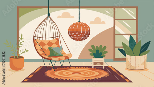 A sunroom with a wicker hanging chair a bohemian print area rug and a macrame plant hanger.