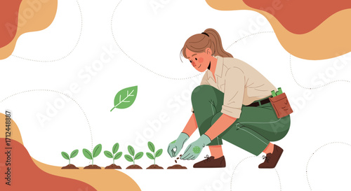 Cultivating Life: A Woman Carefully Planting Saplings in a Naturalistic Garden