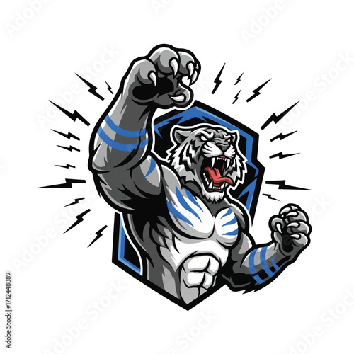 A powerful white tiger mascot with blue stripes, flexing its muscles with lightning bolts radiating outwards.