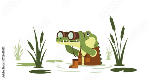 Curious Alligator Exploring Surroundings With Binoculars, Wildlife Illustration