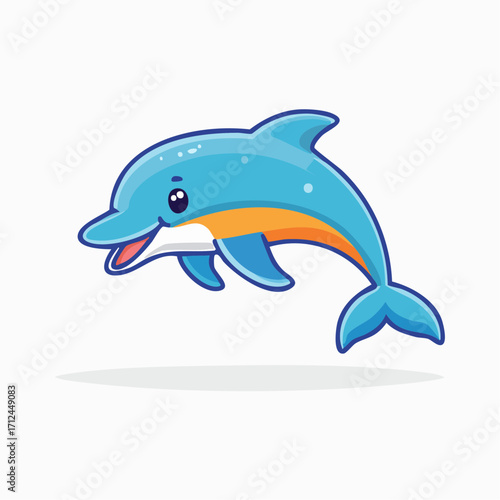 Cute cartoon dolphin character smiling happily. Adorable aquatic animal mascot illustration isolated on a white background. Vector graphic of a cheerful oceanic creature