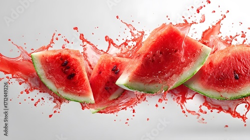 Juicy Watermelon Segments: An imaginative digital rendering featuring abstract flowing juice splashes and elegantly curved fruit segments on a crisp white background