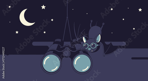 Curious Bat Observes The Night Sky Through A Pair Of Modern Binoculars