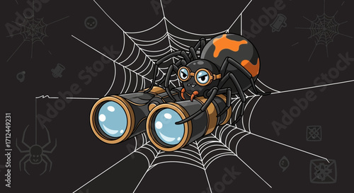 Curious Arachnid Inspects with Binoculars on a Spooky Spiderweb Black Background