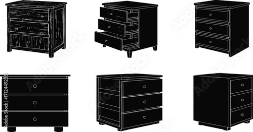 Wooden drawer cabinet silhouettes, modern storage furniture vector, black illustration, bedside table design, vintage chest of drawers, home decor