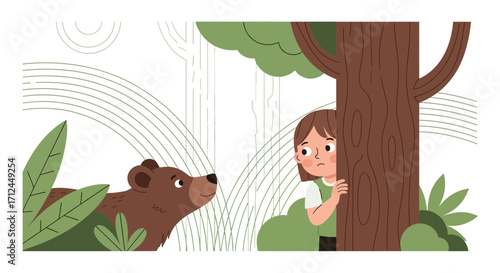 Curious Bear Encounters a Shy Girl in a Forest Clearing Illustration