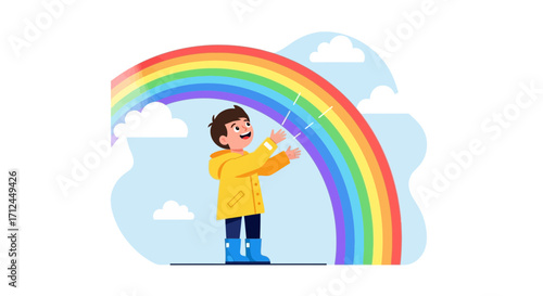 Child's Joyful Encounter With a Colorful Rainbow in the Sky, Dreamy Day