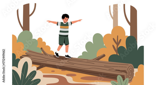 Child Balancing On Log in Forest, Concept of Adventure, Risk, Exercise, and Challenge